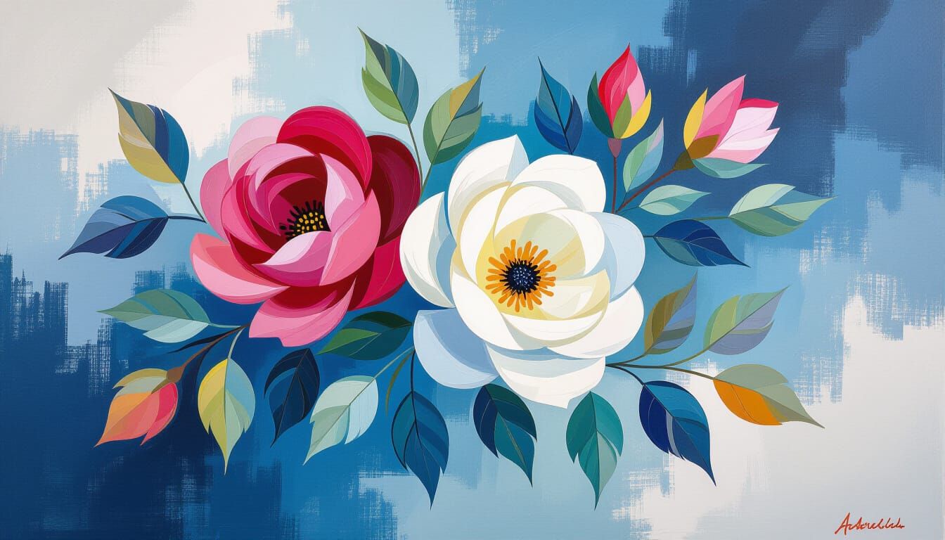 Ceramic Roses in Naive Style on White Plate