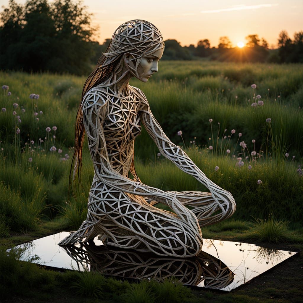 Surreal Fragmented Sculpture of Woman at Sunset
