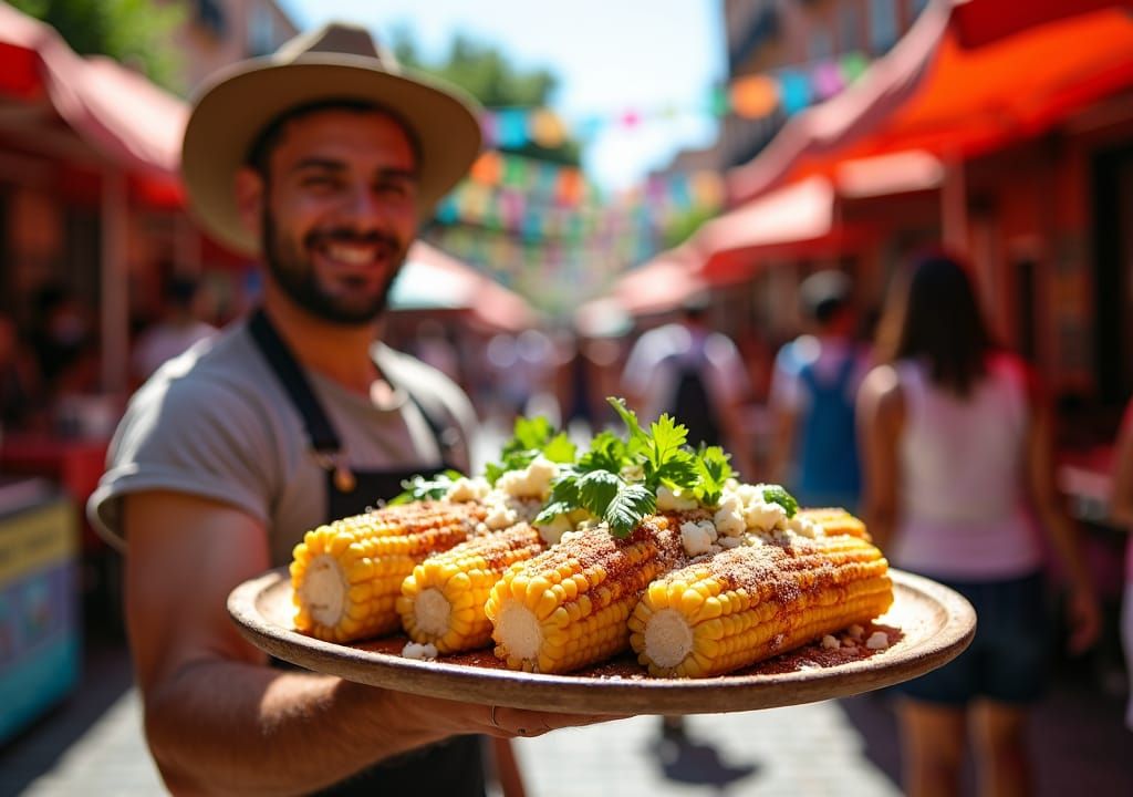 Vibrant Outdoor Market with Elote