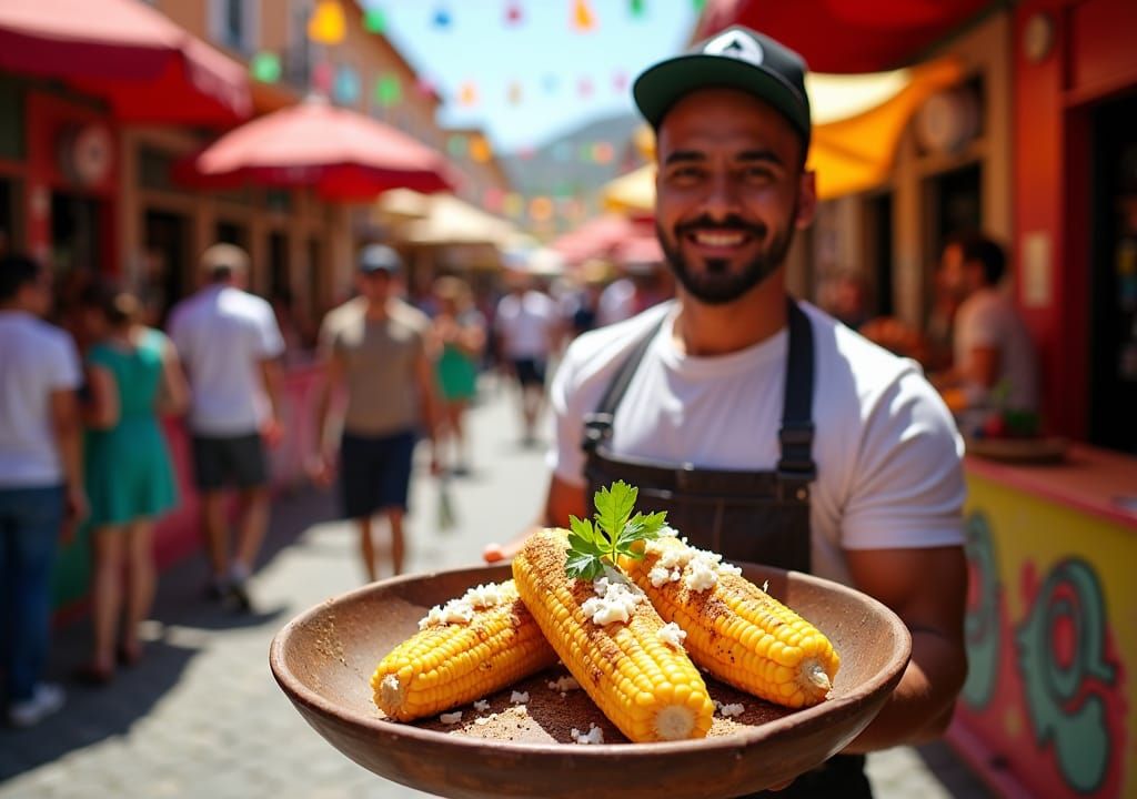 Vibrant Outdoor Market Scene with Street Food