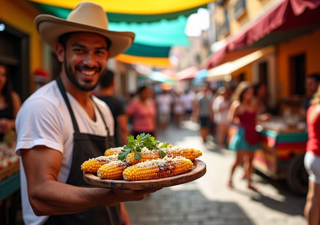 Vibrant Outdoor Market with Mexican Elote
