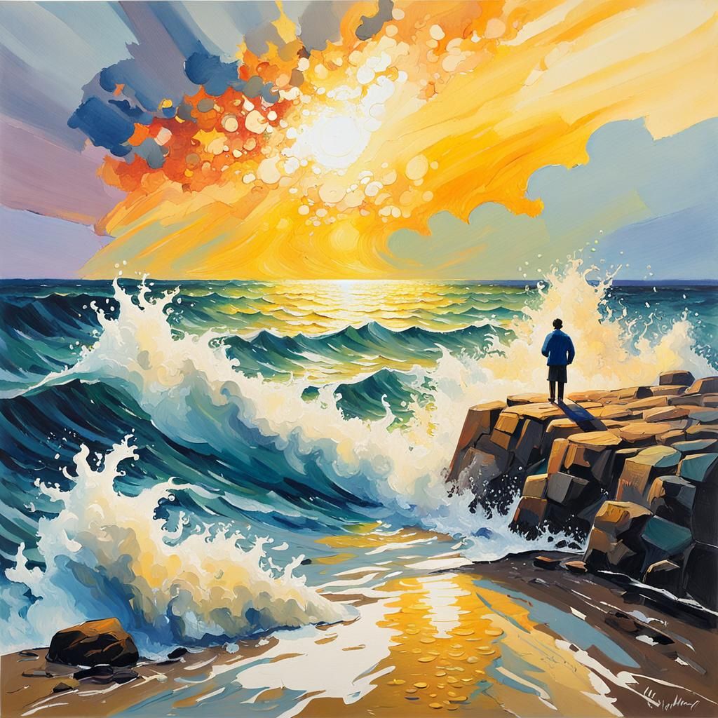 Impressionist Gouache Painting of Ocean Horizon