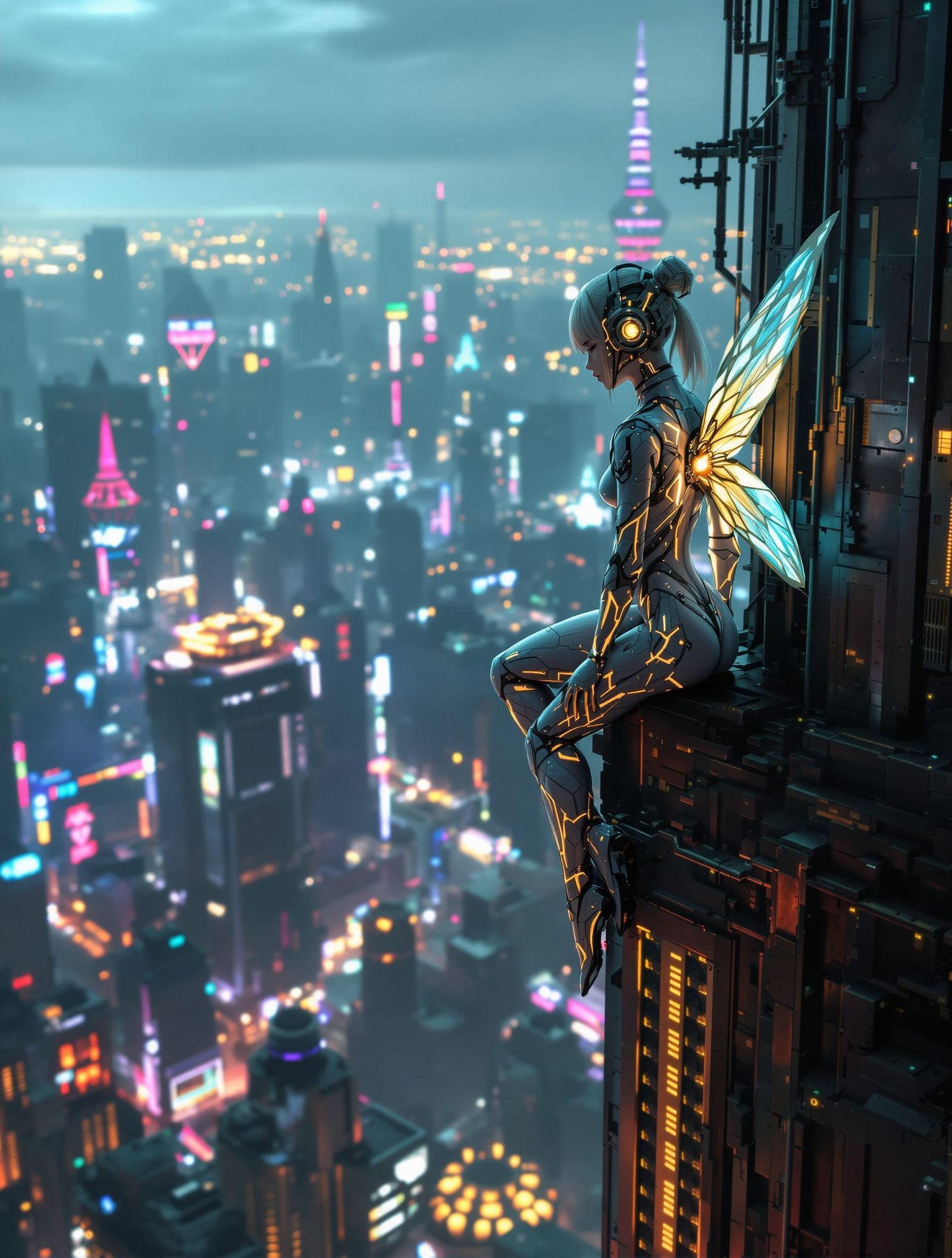 Cyberpunk Fairy Guardian of the Neon Cityscape