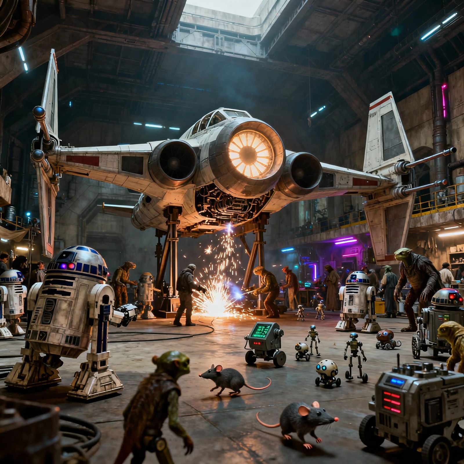 X-Wing Undergoing Repairs in Mos Eisley Docking Bay