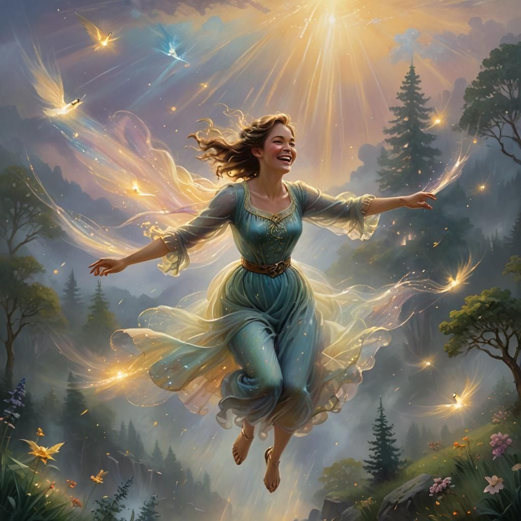 Woman Flying on Light Streaks in Ethereal Landscape