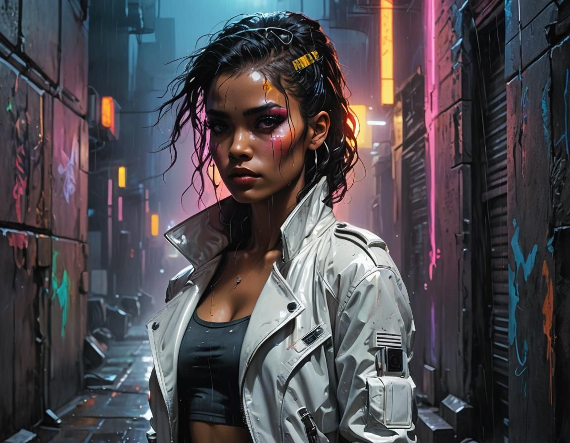 Woman with Neon Makeup in Cyberpunk Cityscape
