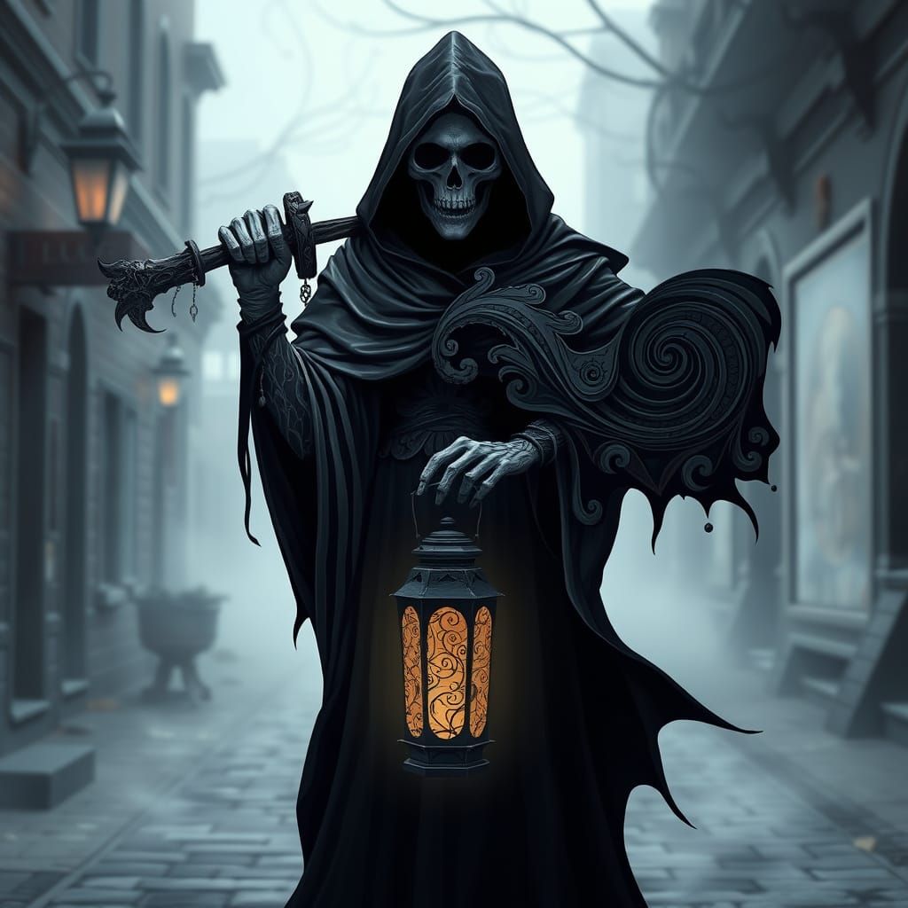 Grim Reaper with Lantern on Misty Street