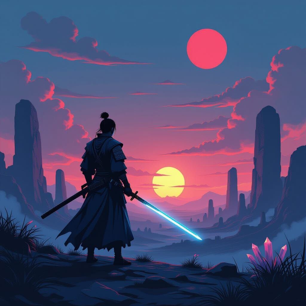 Samurai Warrior on Alien Planet Under Binary Sunset