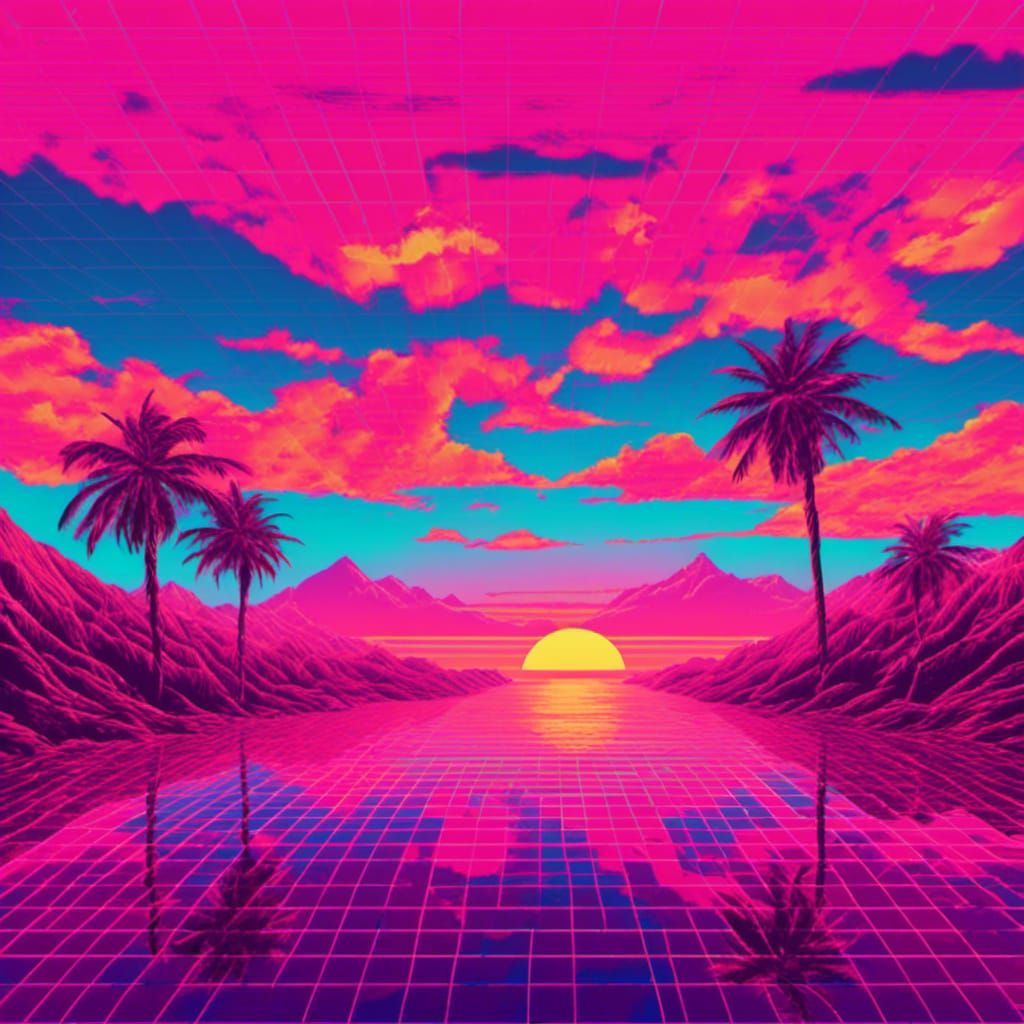 Montana De Oro Vaporwave Sunset in 80s Retrowave Style