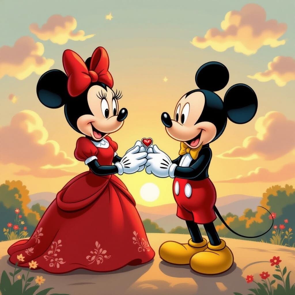 Mickey Proposes to Minnie at Sunset