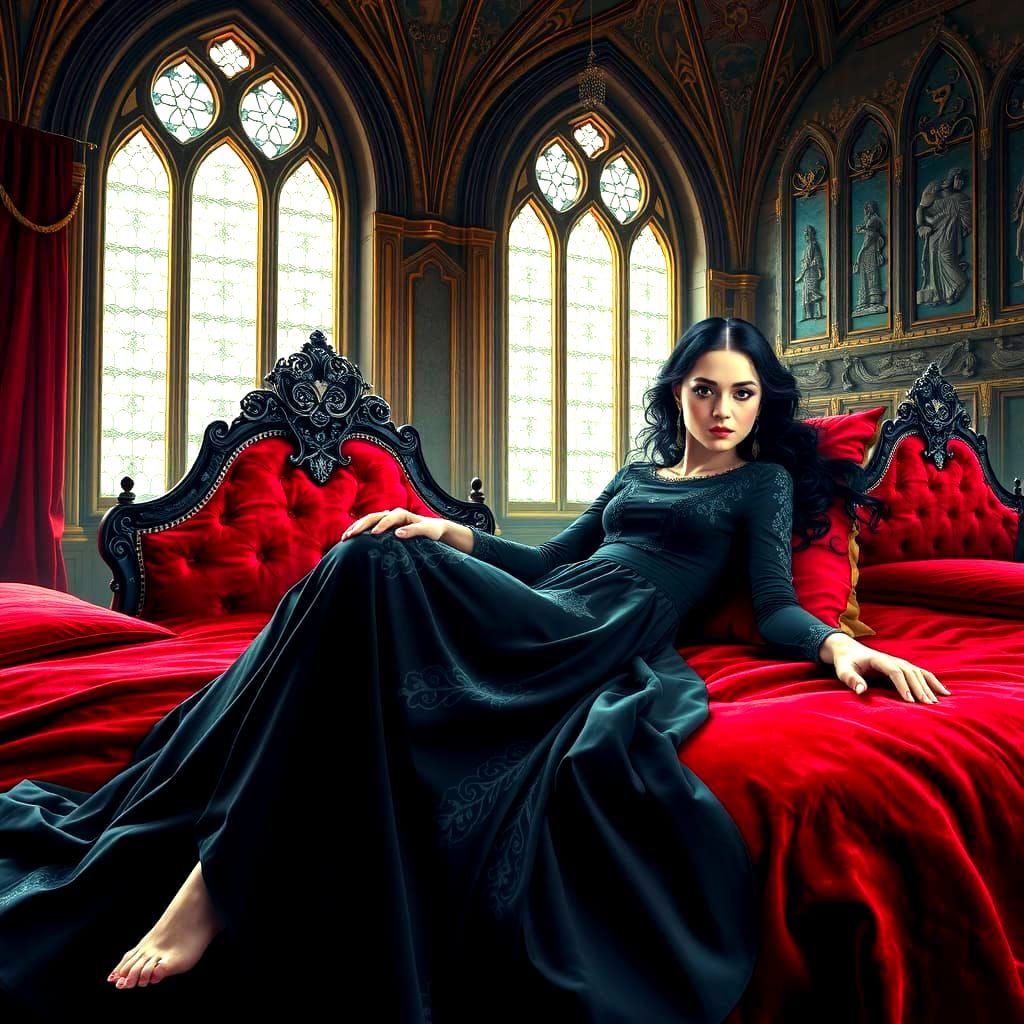 Vampiric Woman in Gothic Bedroom, Olivier Ledroit Style