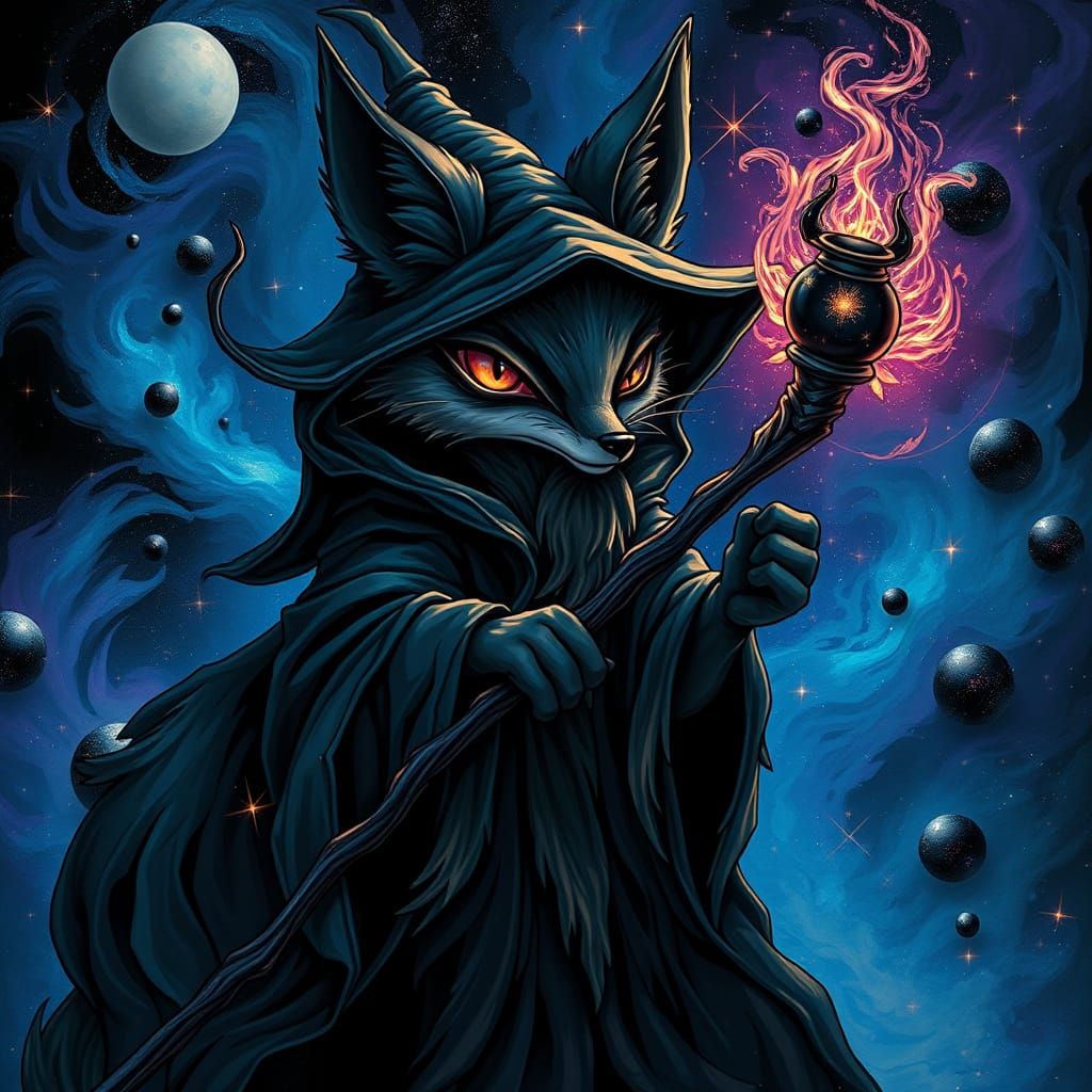 Mystical Black Wizard Fox with Celestial Magic