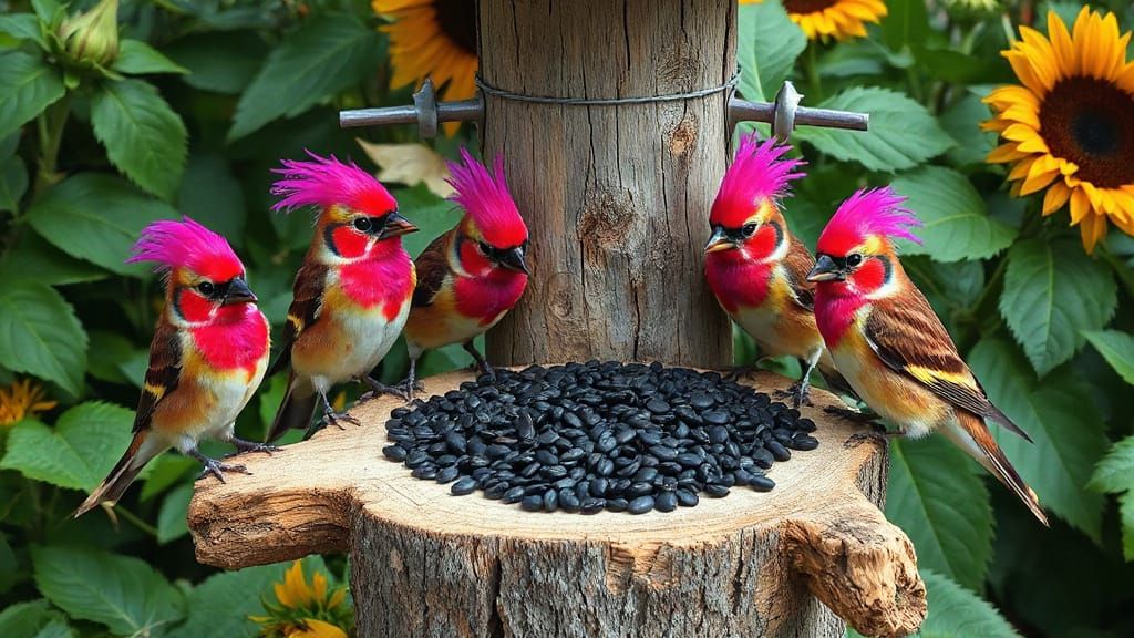 Punk Finches Feast on Seeds in Whimsical Illustration Style