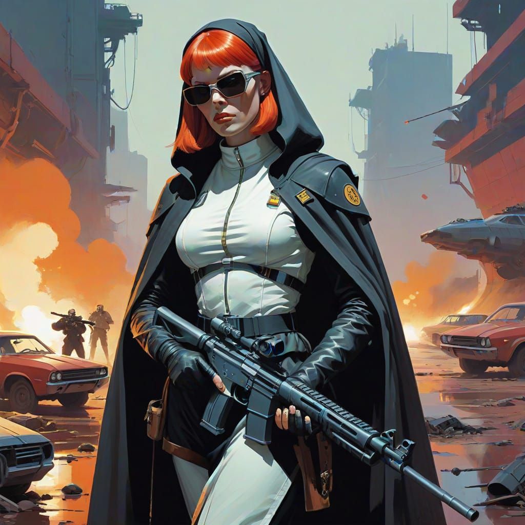 Rebellious Red-Headed Nun Empowered by Gritty Futurism