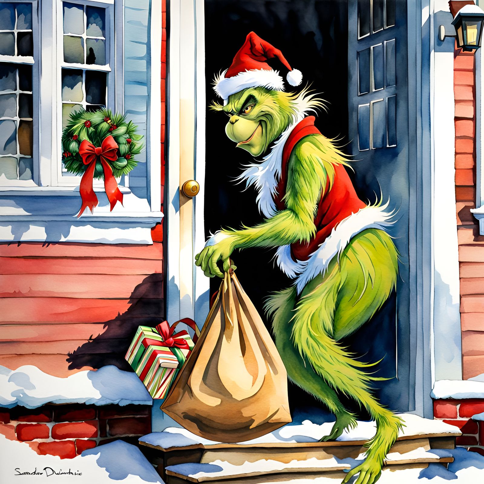 Grinch Stealing Presents, Watercolor Illustration