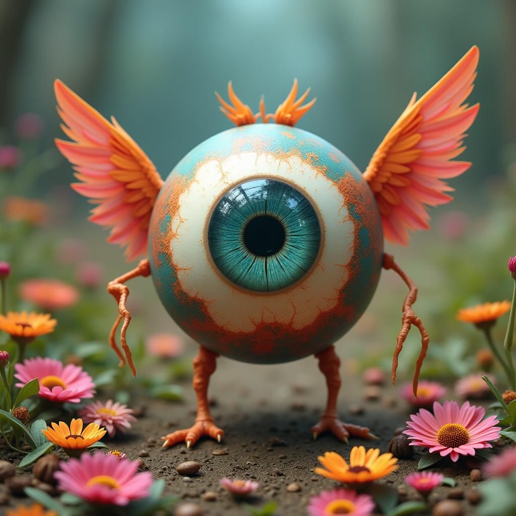 Psychedelic Eyeball Creature in Floral Landscape