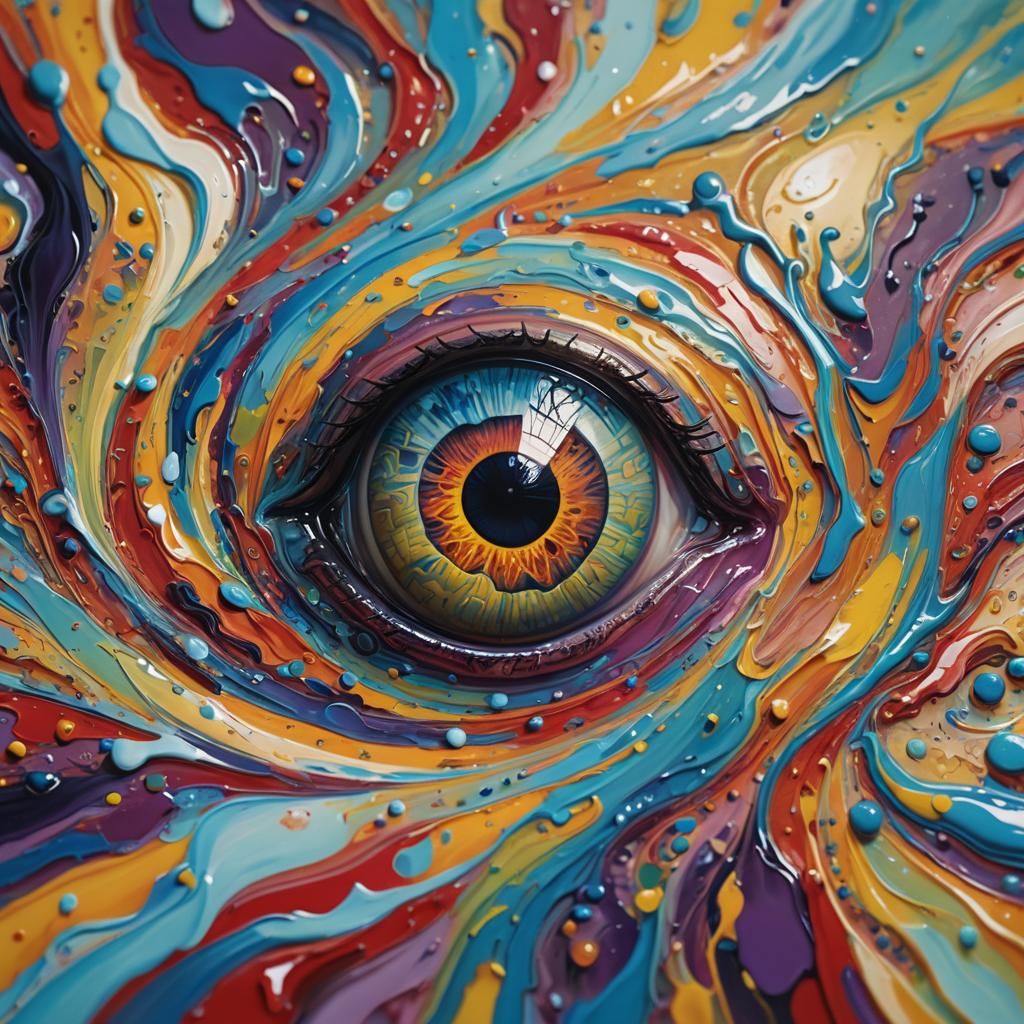 Surreal Eyeball Floating in Rainbow Pool