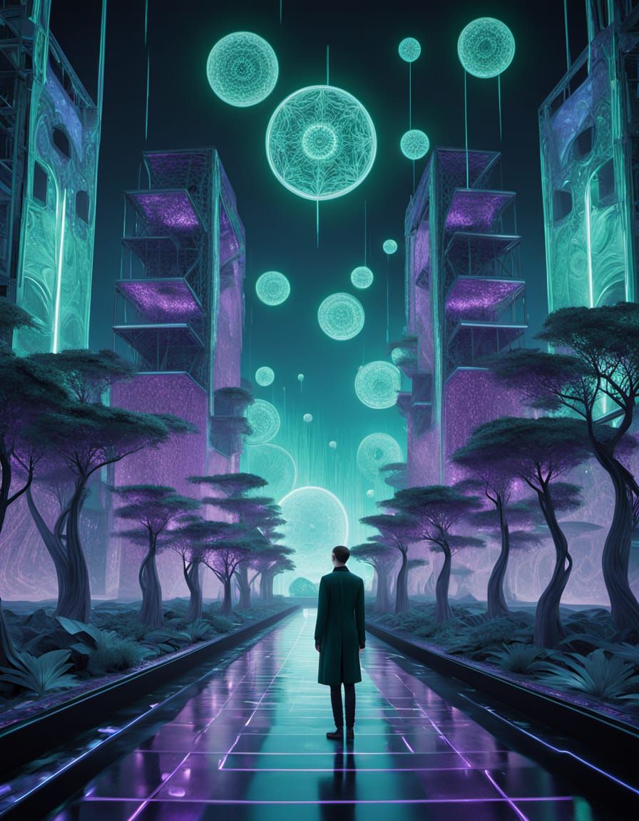 "All scenes merge and blend together in the essence of double exposure film Neuromancer Matrix Rain: A futuristic citysc...