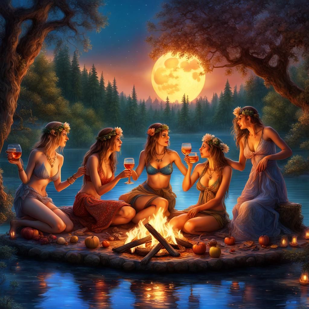 Hippy Women Enjoying Lakeside Campfire, Detailed Matte Paint...