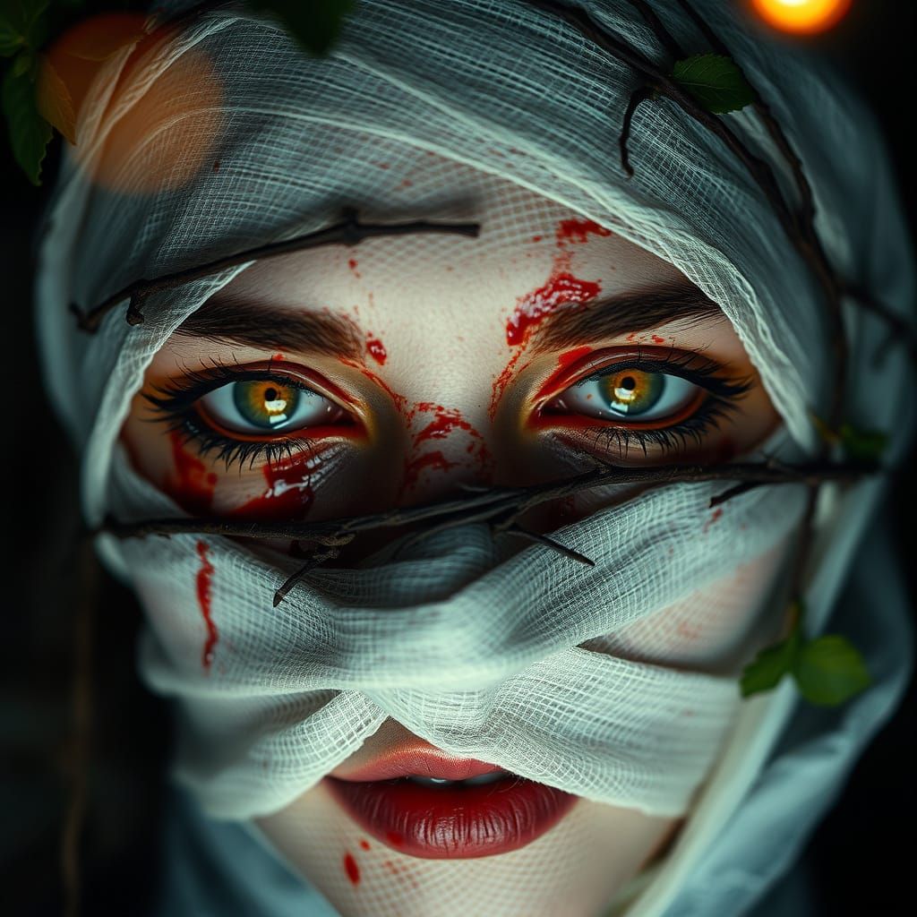 Bandaged Woman's Face in Horror-Core Style