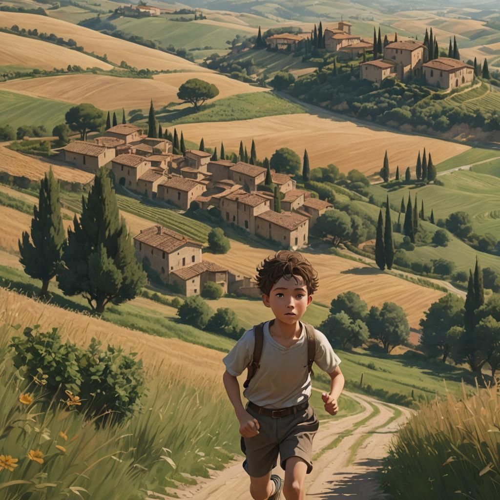 Boy Runs Through Tuscany: 3D Anime Art