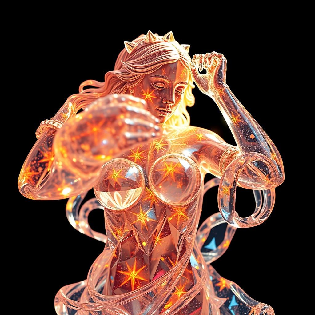 Hyperrealistic Crystal Woman Statue Breaking Light