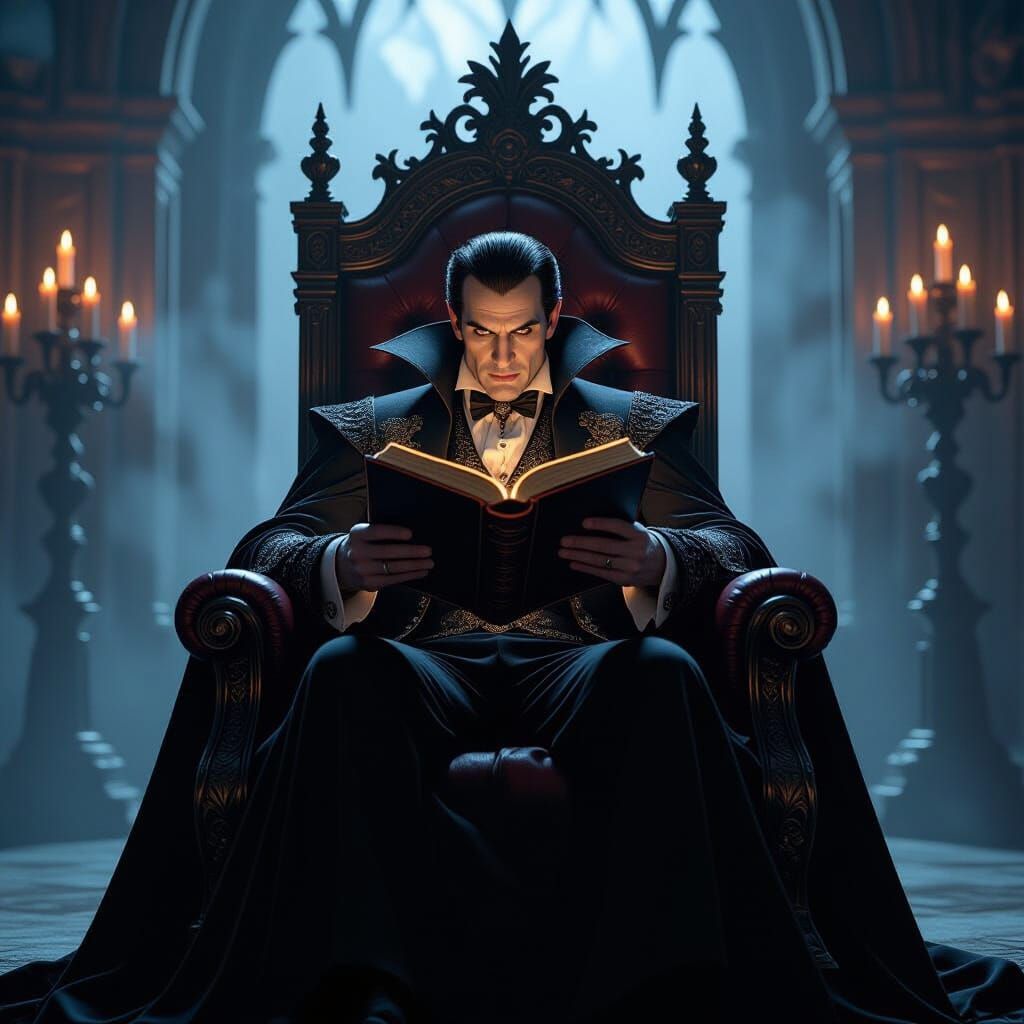 Count Dracula Reading on Gothic Throne