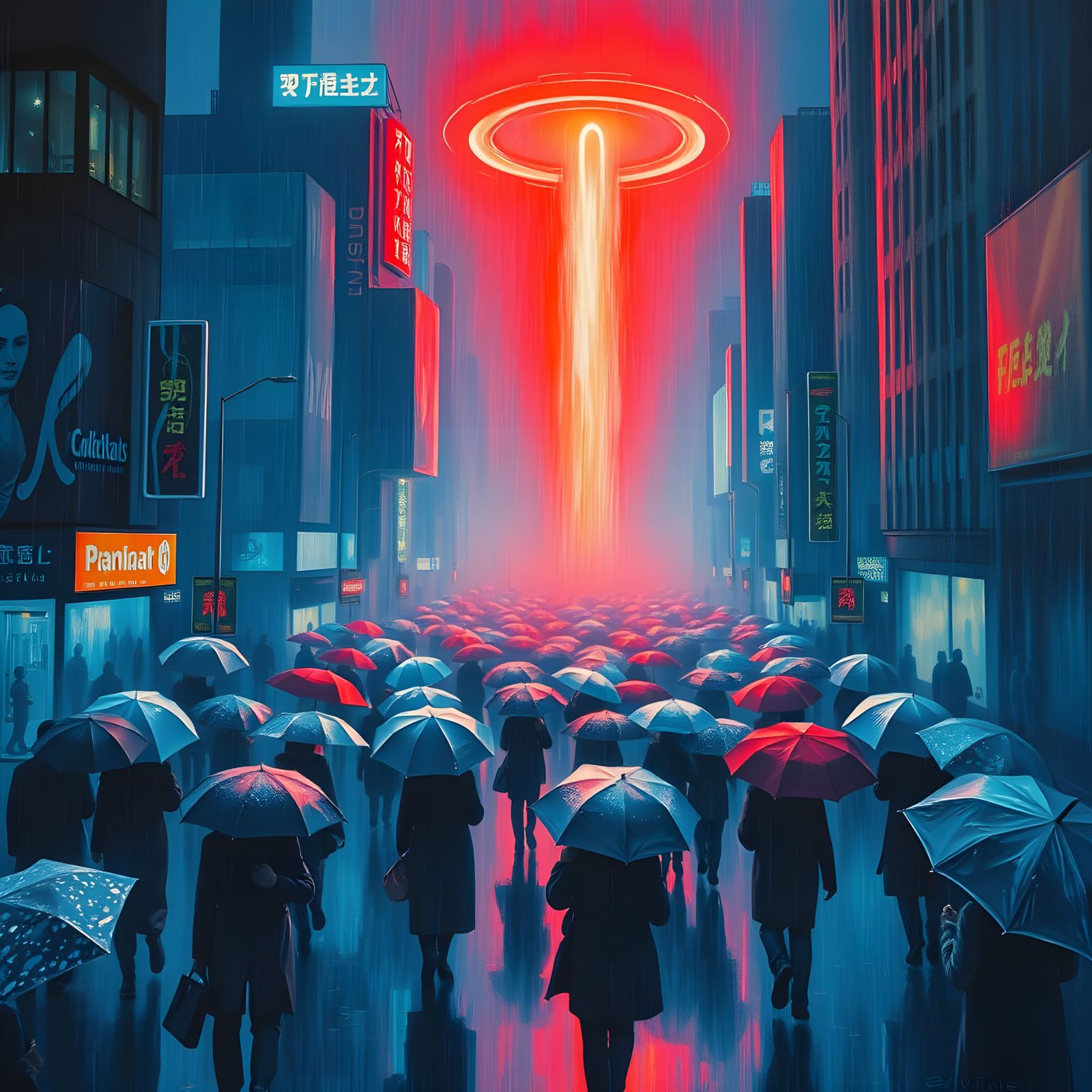 Neo-Expressionist Metropolis Under Red Portal at Twilight