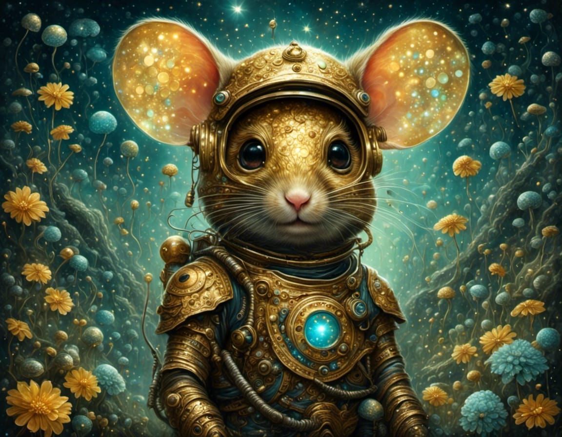 Mouse Astronaut in Golden Armor on Galactic Planet