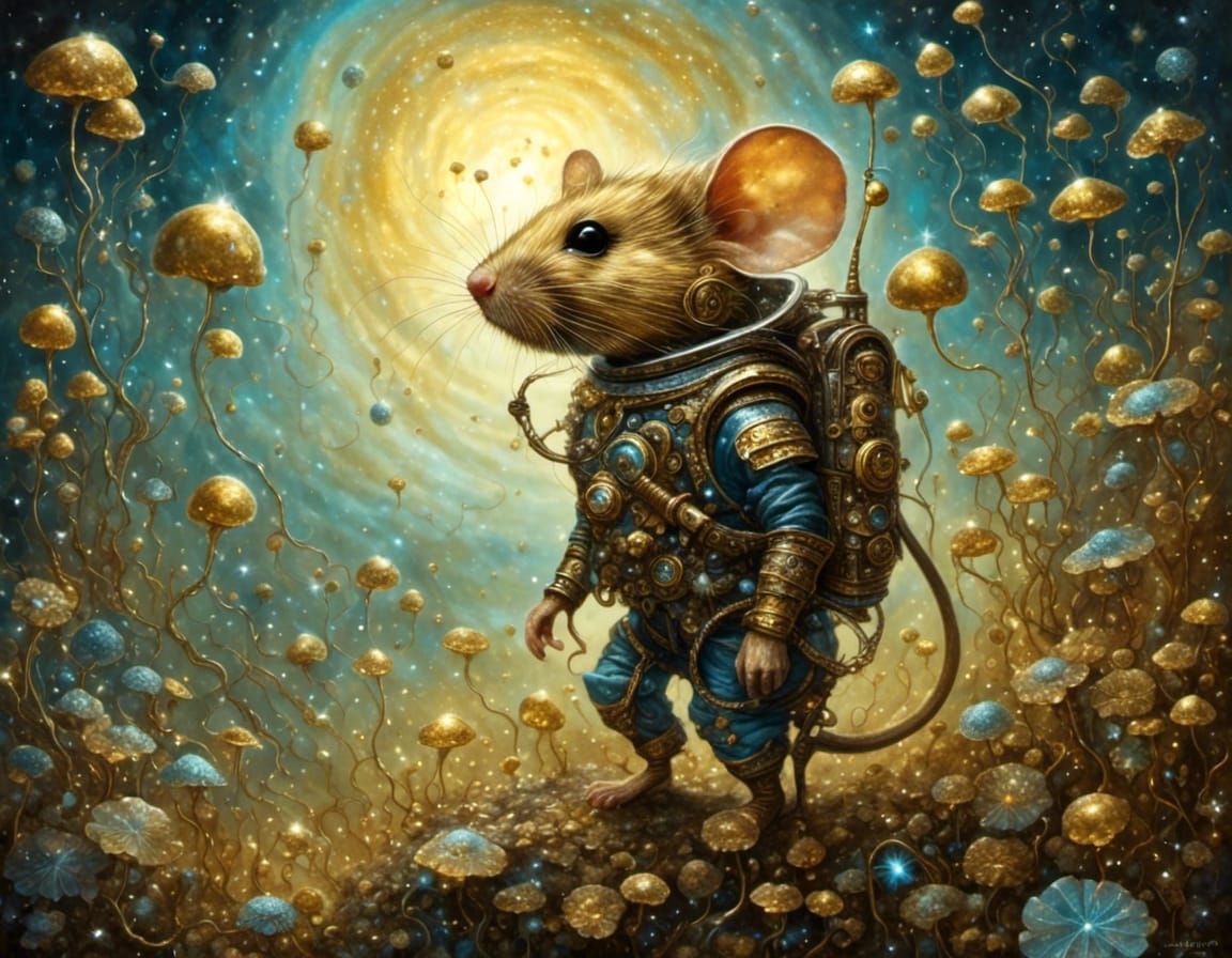 Mouse Astronaut on Galactic Planet in Surreal Style