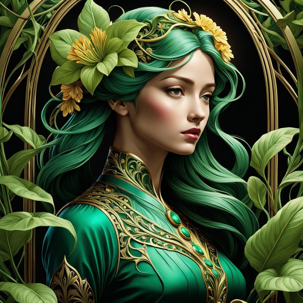 Art Nouveau Botanical Art: Emerald Vines and Flowers