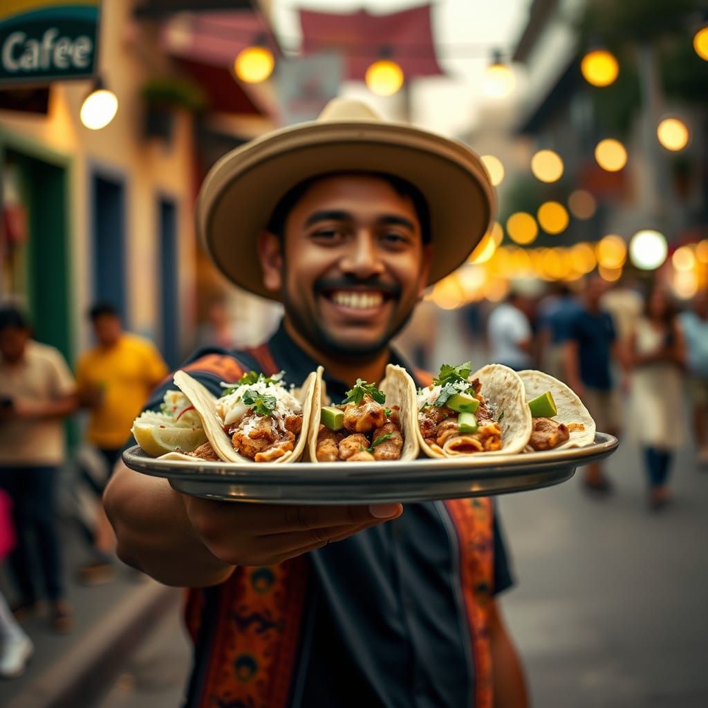 Happy Man Offers Street Tacos in Mexico