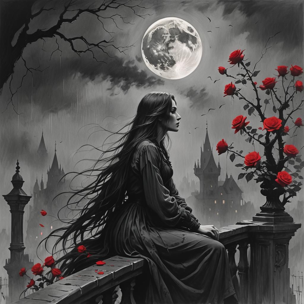 Girl Gazing at Blood Moon in Eerie Pencil Sketch