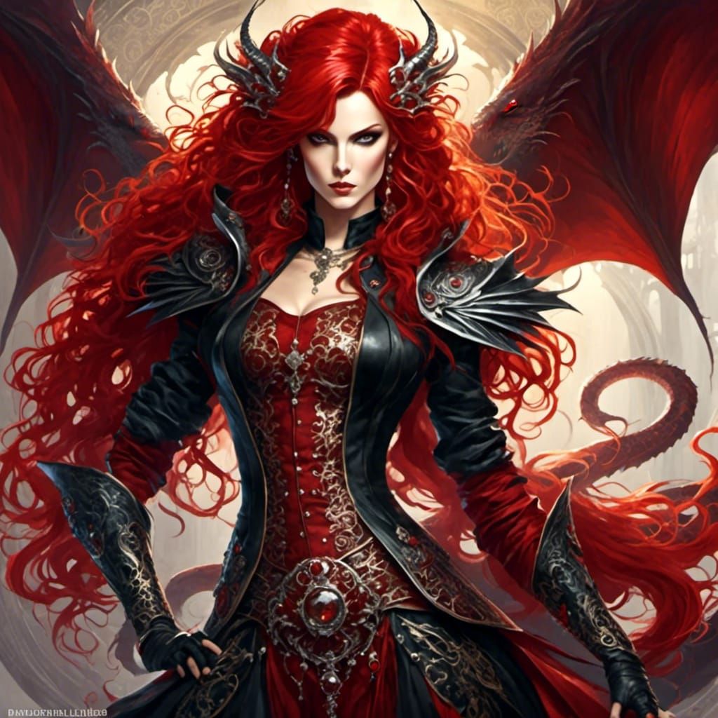 Anime Red-Haired Dragon Queen in Fantasy Style