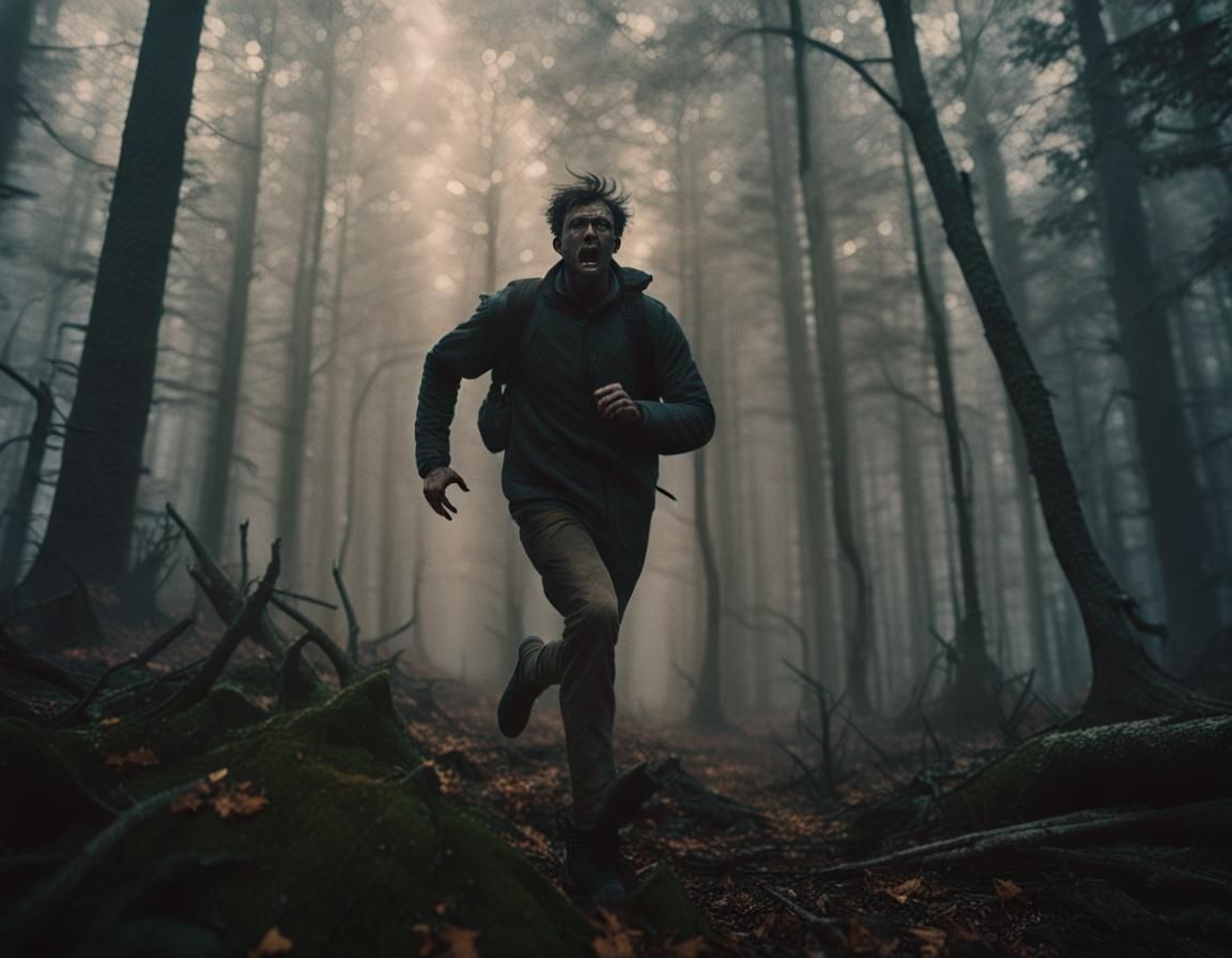Hunter Runs Through Misty Forest in Cinematic Style