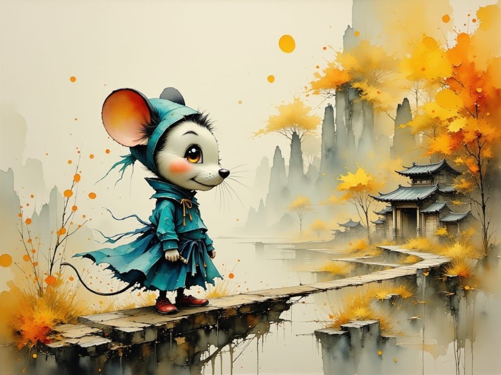 Shy Mouse in Water Ink Color Style