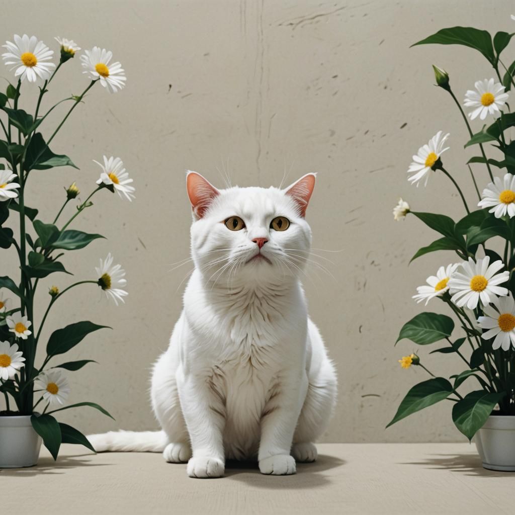 White Cat and Flower in Takeshi Kitano Style