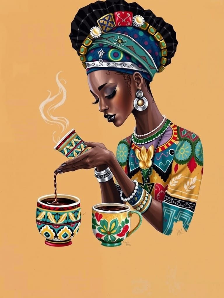 Elegant Black Woman Pours Coffee in Warm Tones