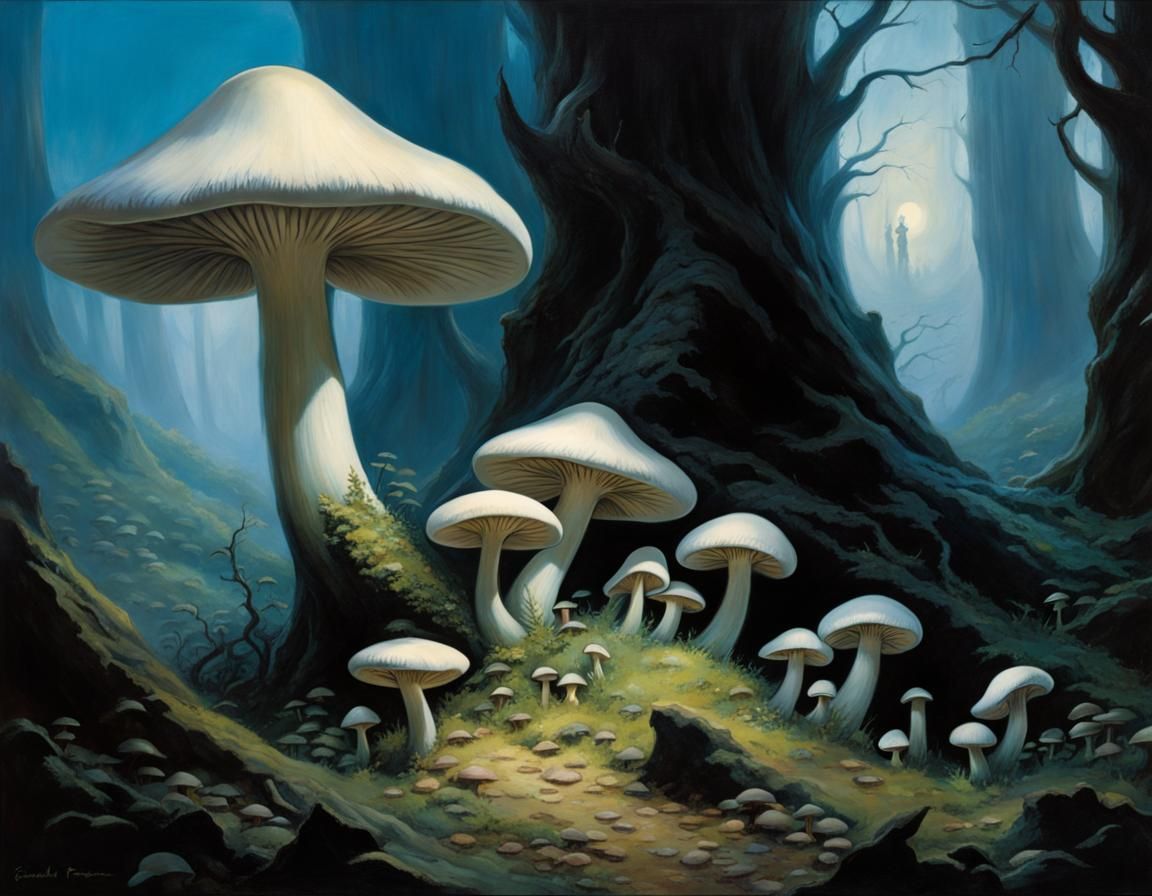 Glowing Mushrooms in Dark Fantasy Cave, Oil Painting