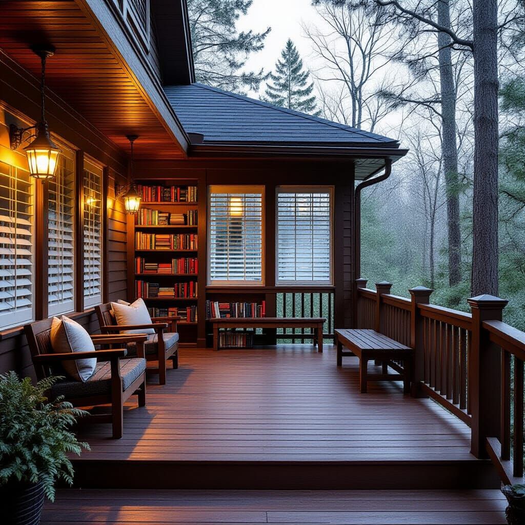 Cozy Forest Lodge Porch Library with Warm Ambiance