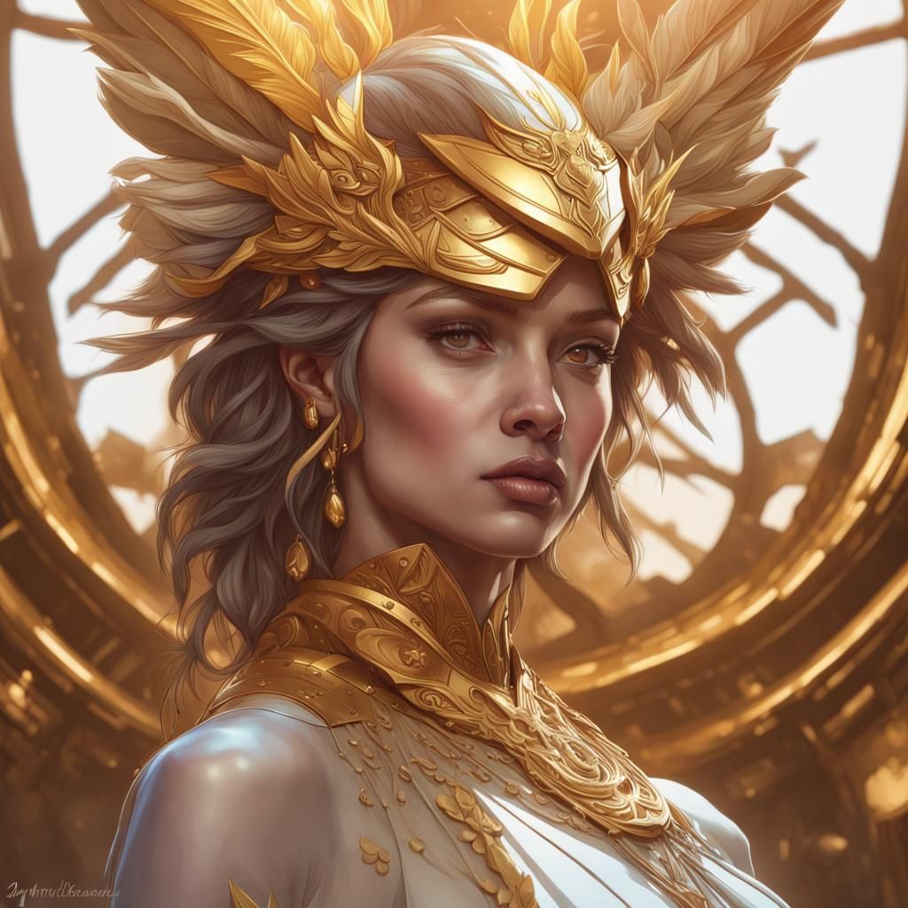 Golden Bird Goddess Portrait in Art Nouveau Style