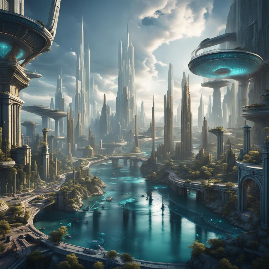 Futuristic Atlantis Cityscape in Detailed Matte Painting Sty...