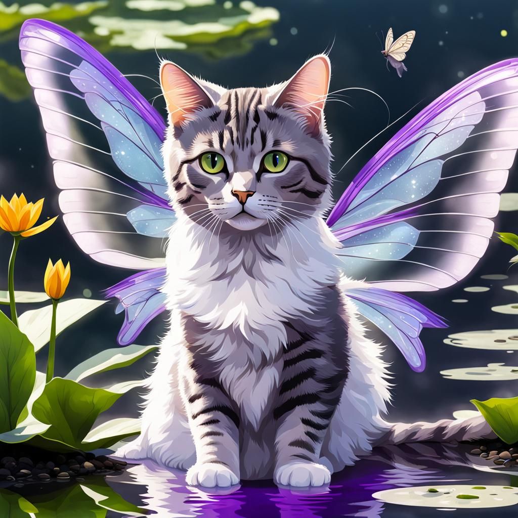 Tabby Cat with Fairy Wings Reflecting