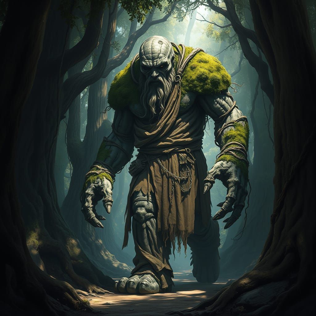 Moss Covered Stone Golem Awakens in Primeval Forest