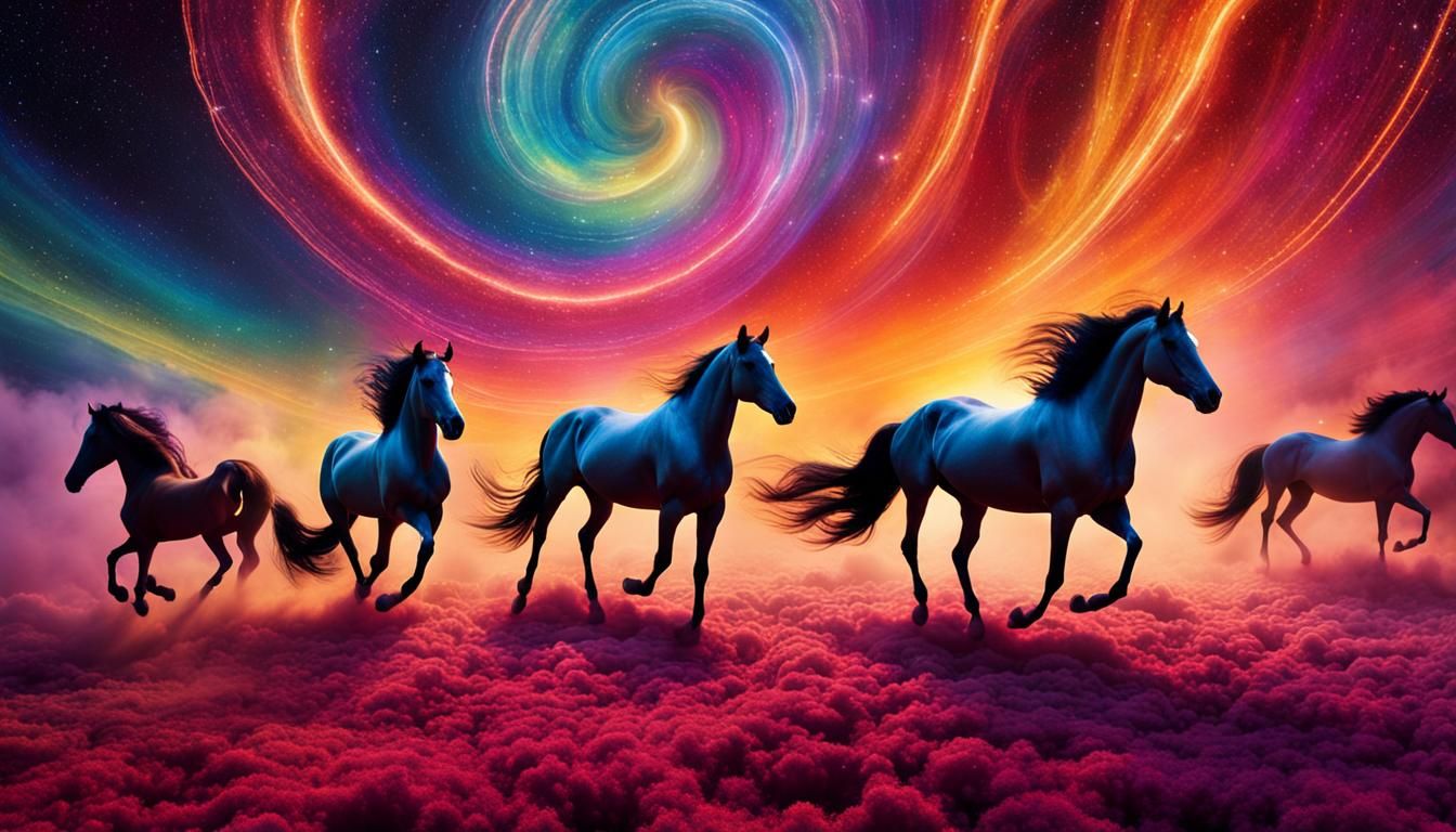 Celestial Palace and Horses in Iridescent Nebula