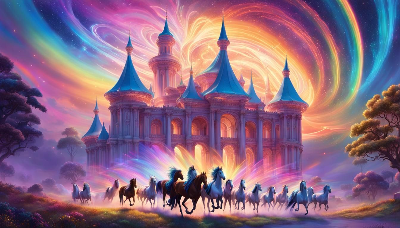 Ethereal Palace in Iridescent Nebula with Winged Horses