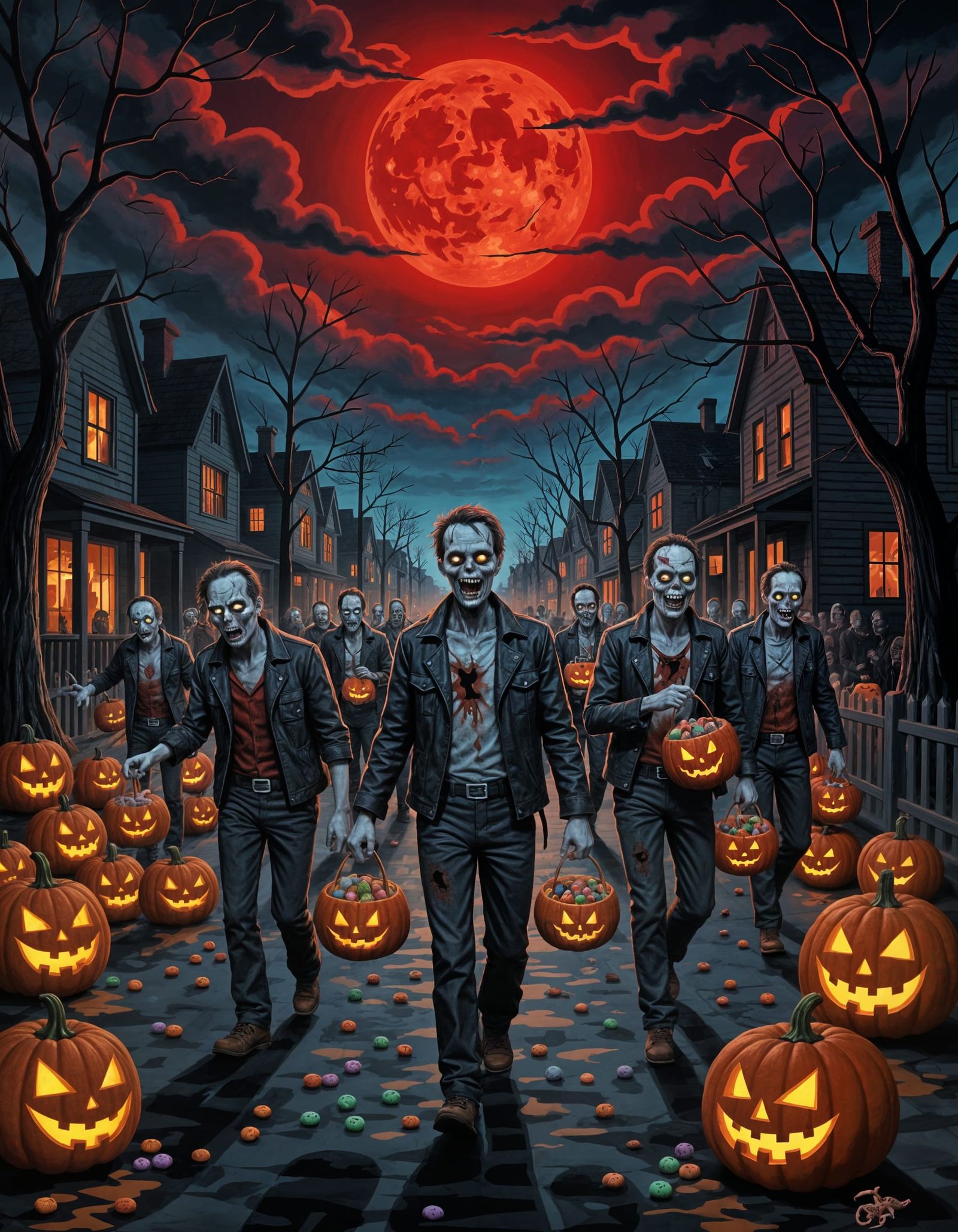 Creepy Happy Zombies Collect Candy Under Red Moonlight