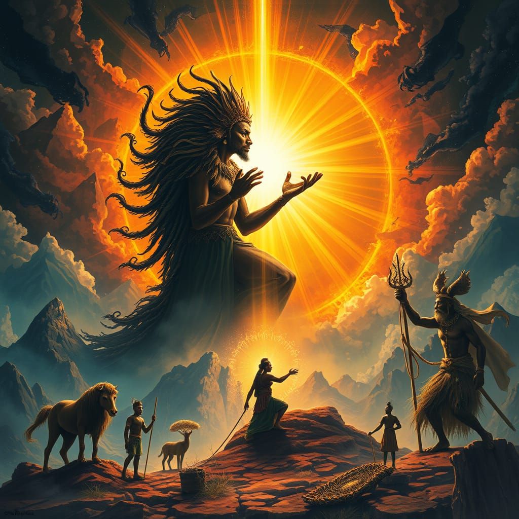 Cosmic Scene of African Mythology in Vibrant Colors