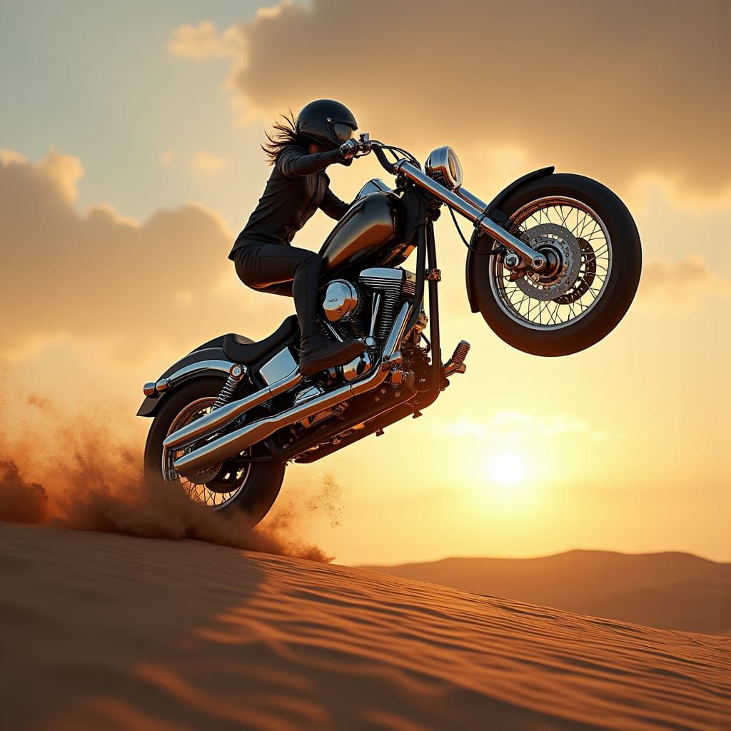 Motorcycle Sand Dune Leap in Golden Light