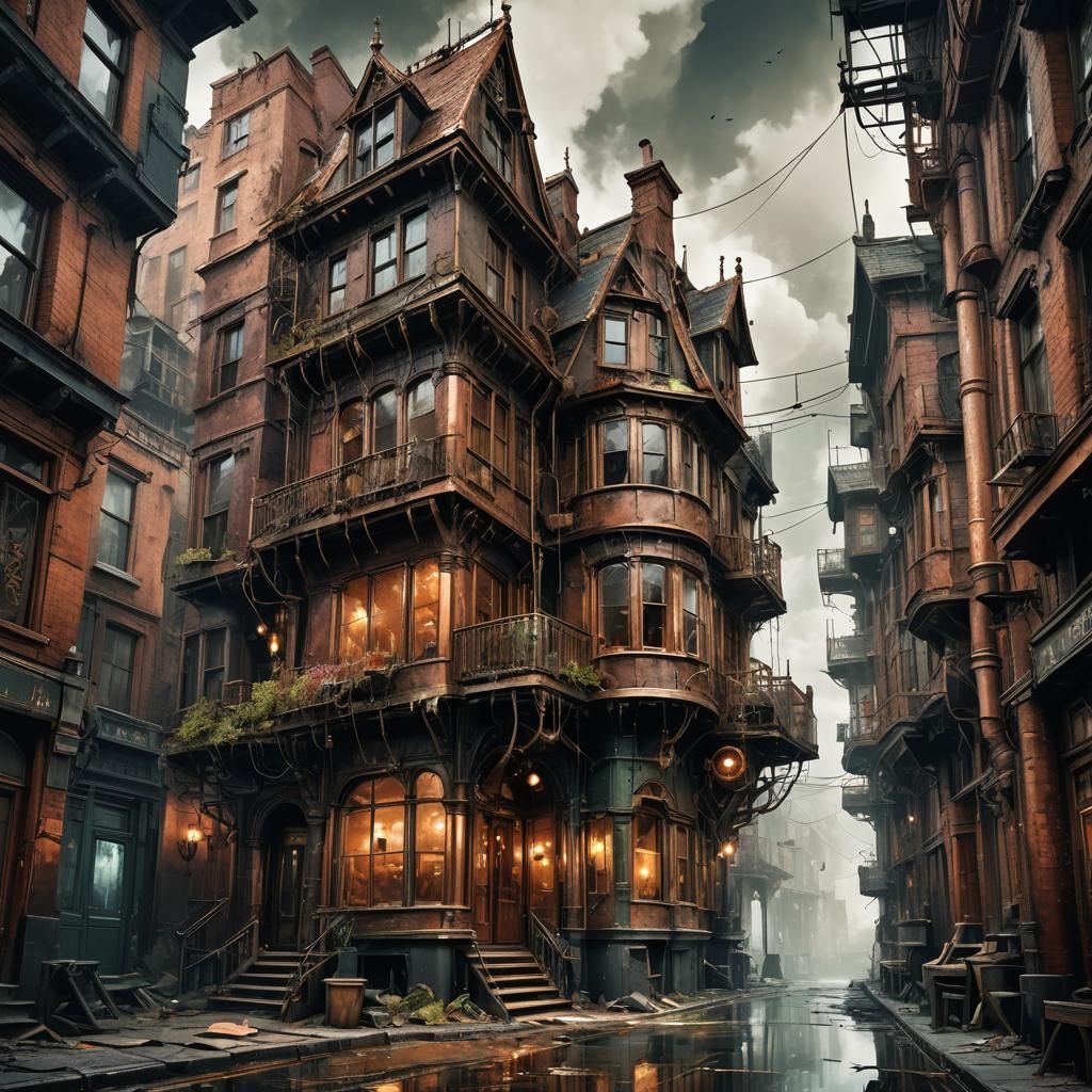 Steampunk Victorian Stacked Houses in Digital Art